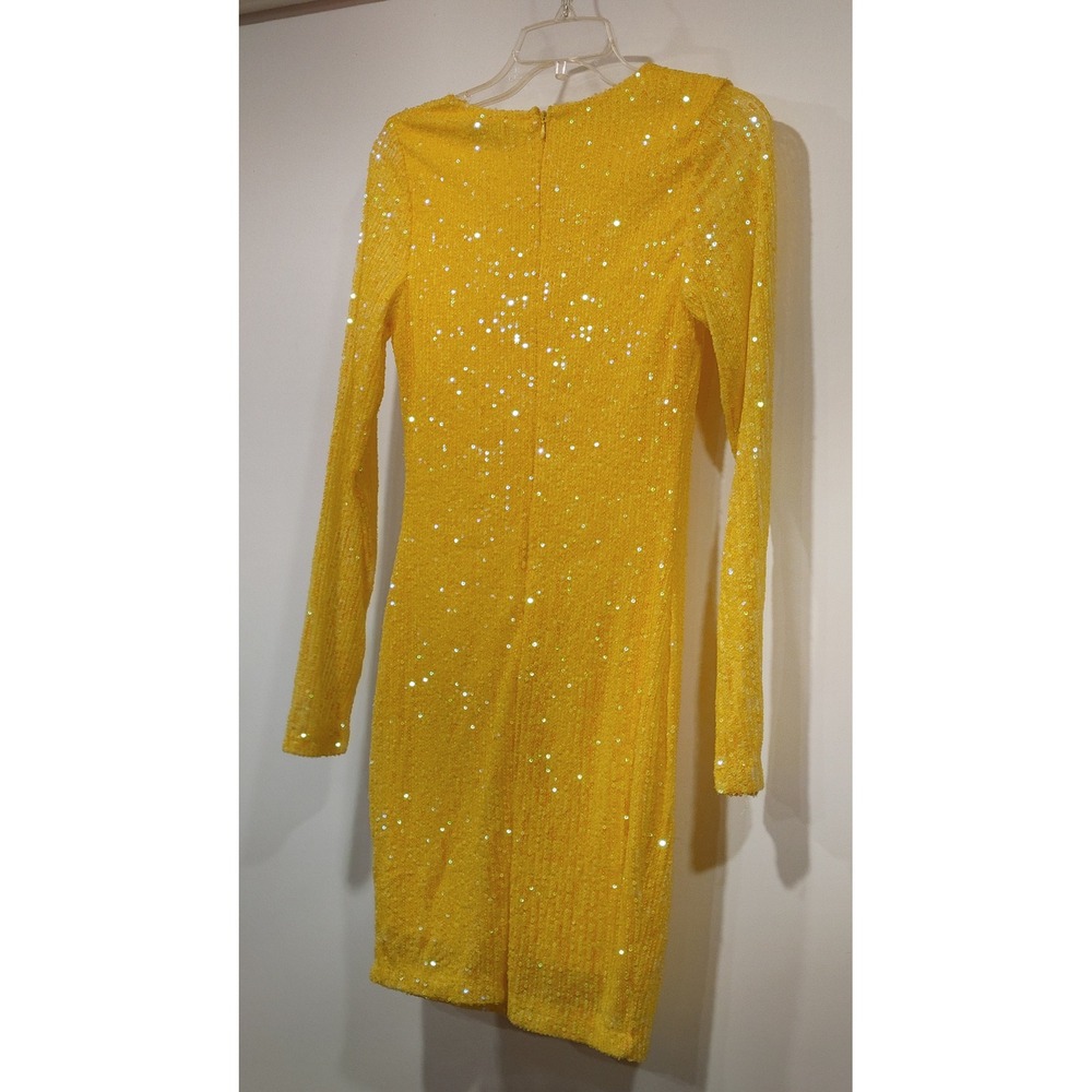 Stiletto's Sequin Bodycon Mini Dress Womens Small Yellow Excellent Long Sleeve - Picture 3 of 7